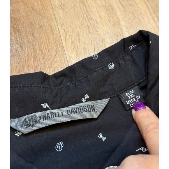 Harley-Davidson Mens Slim Fit Black Short Sleeve Shirt Size 2XL Logo Button Clos - Picture 5 of 6